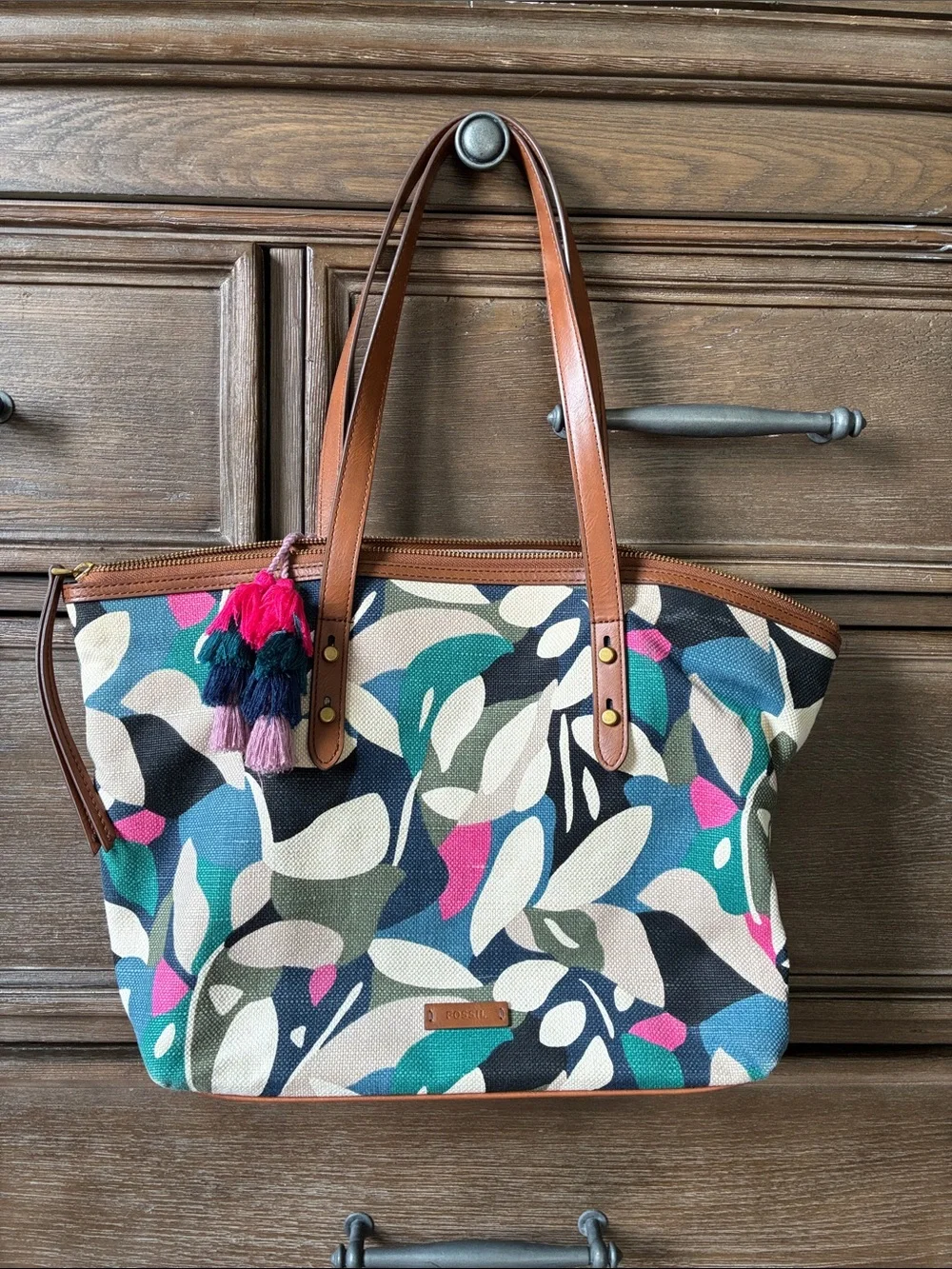 Fossil Canvas Tote in Multicolor Leaf Print with Tan Leather Handles